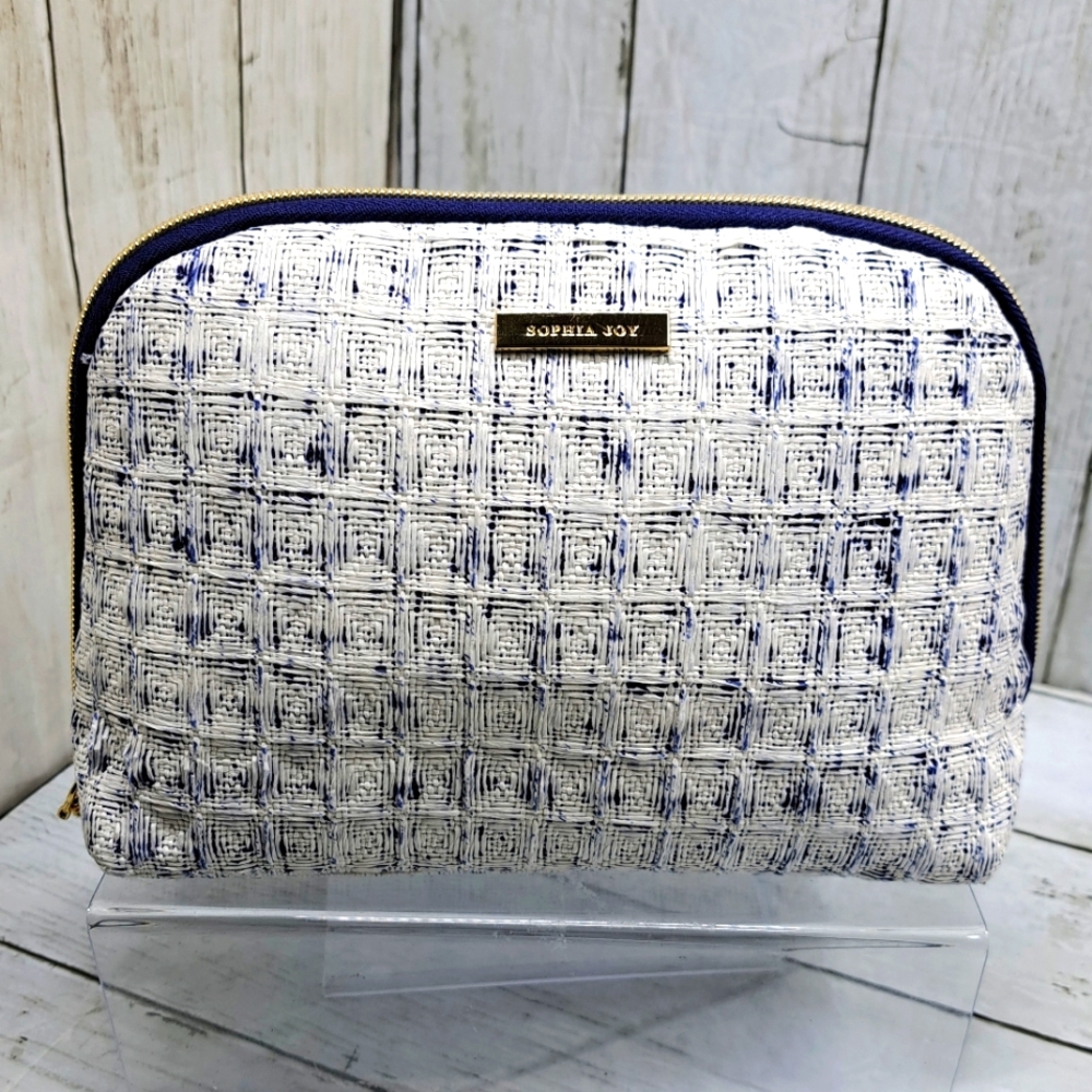 Sophia+Joy White Texture Blue Poly Lining MultiPocket Gold Zip Cosmetic Pouch